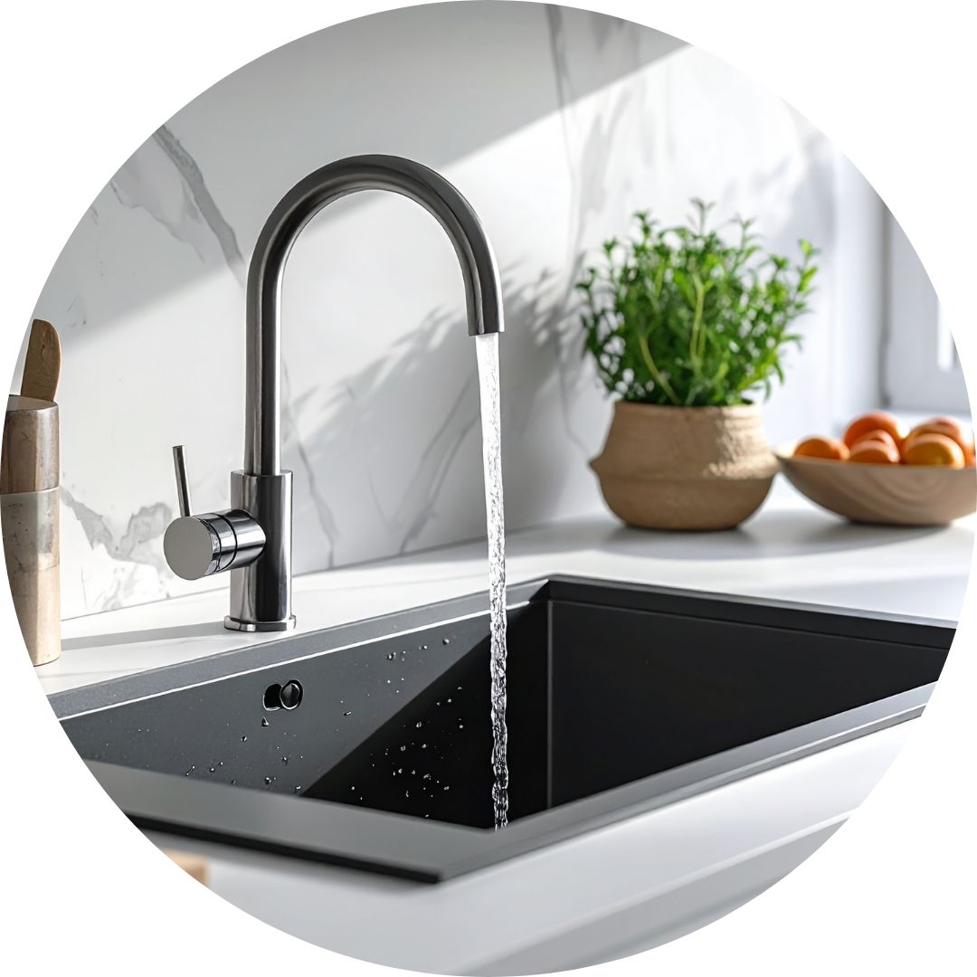 A clean empty kitchen sink and counter with the faucet running.
