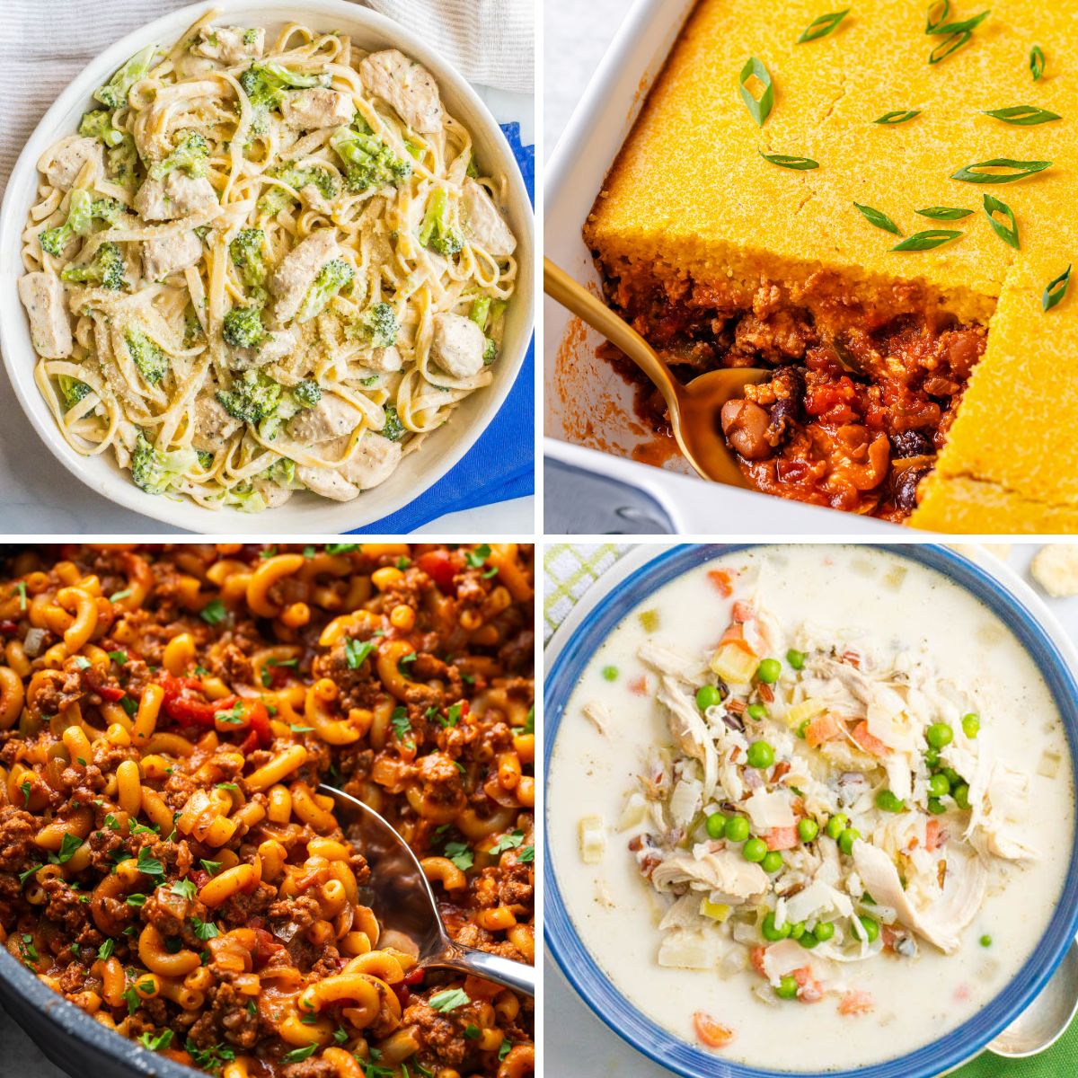 A collage of four different family friendly dinners.