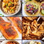 A collage of 10 different dinners that can be prepped in 5 minutes or less with a text box over the image.