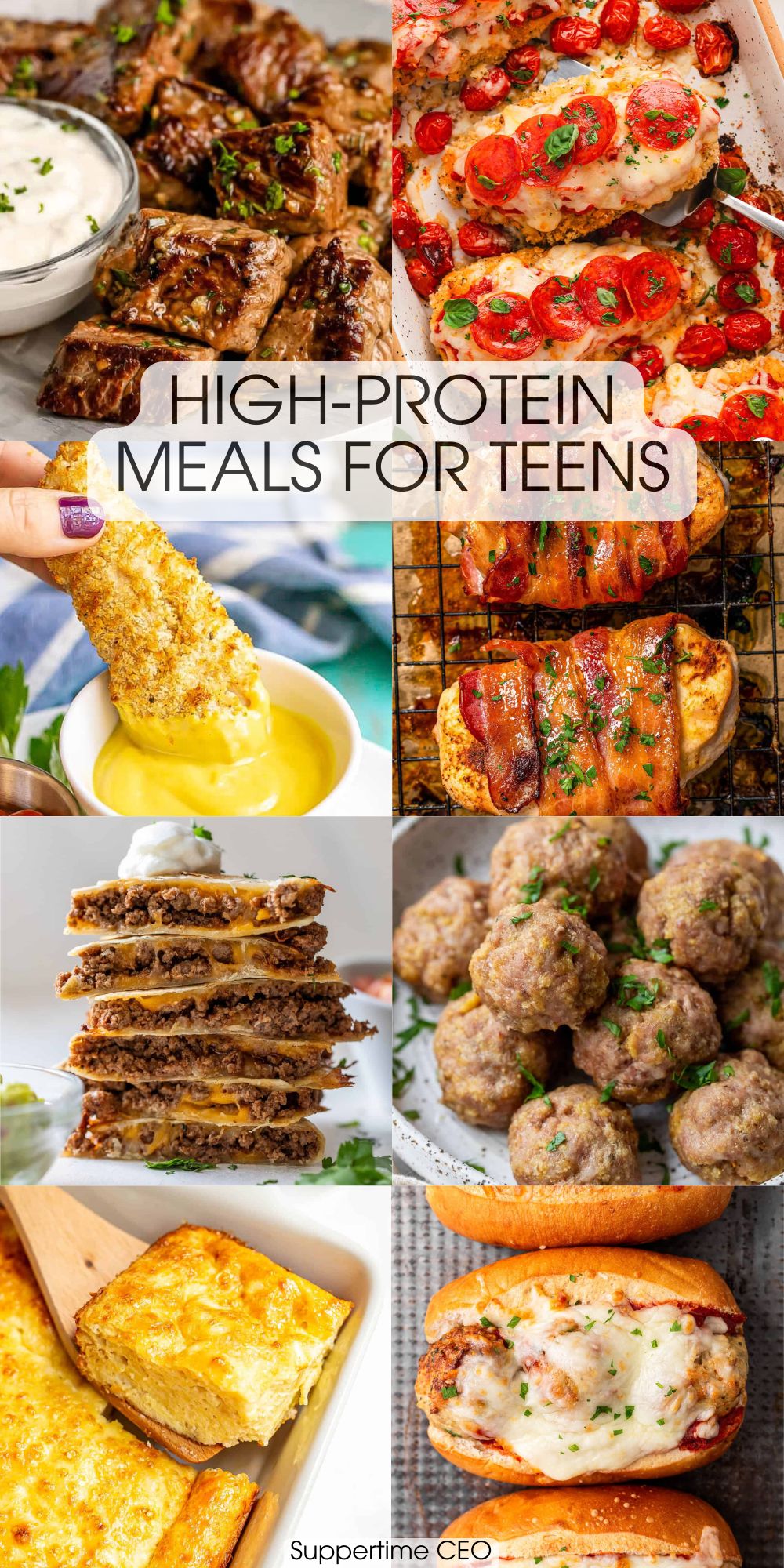 A collage of different high protein meals for active teens with a text overlay on the collage.
