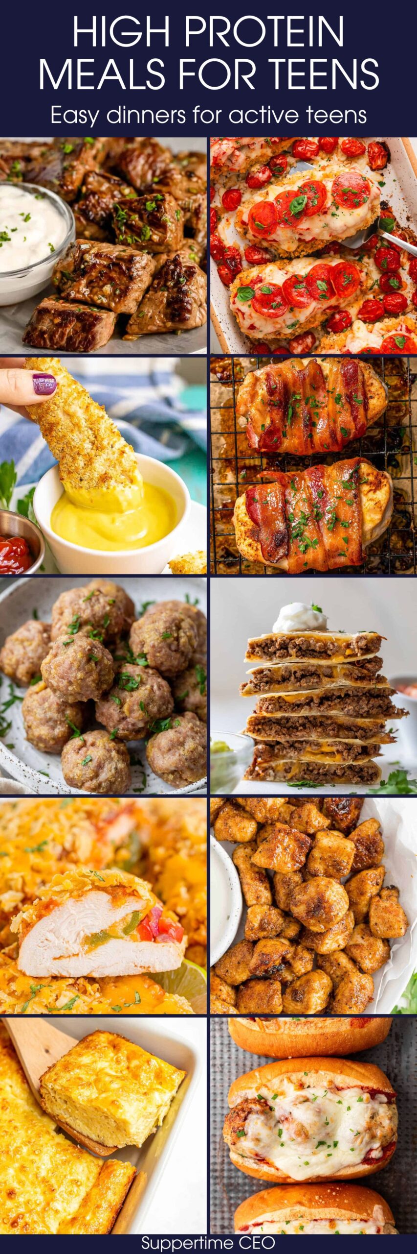 A collage of 10 different high protein meals for active teens with a text box at the top of the collage.