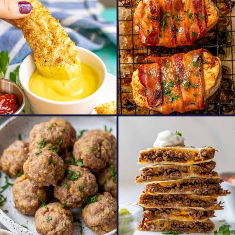 A collage of four different high protein meals for active teens, including a chicken tender, bacon wrapped chicken, pork meatballs and beef quesadillas.