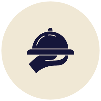 A blue icon showing a hand holding up a covered platter.