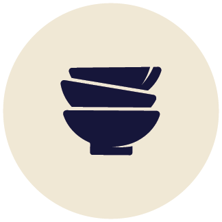 A blue icon showing a stack of three bowls.