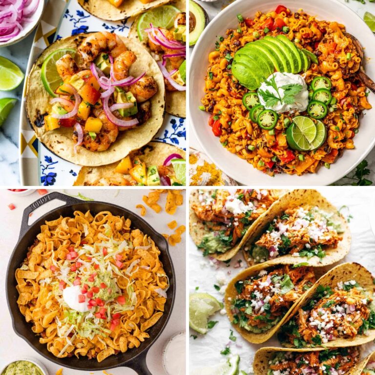 A collage of 4 different versions of taco night, including shrimp tacos, taco pasta, walking tacos and chicken tinga tacos.