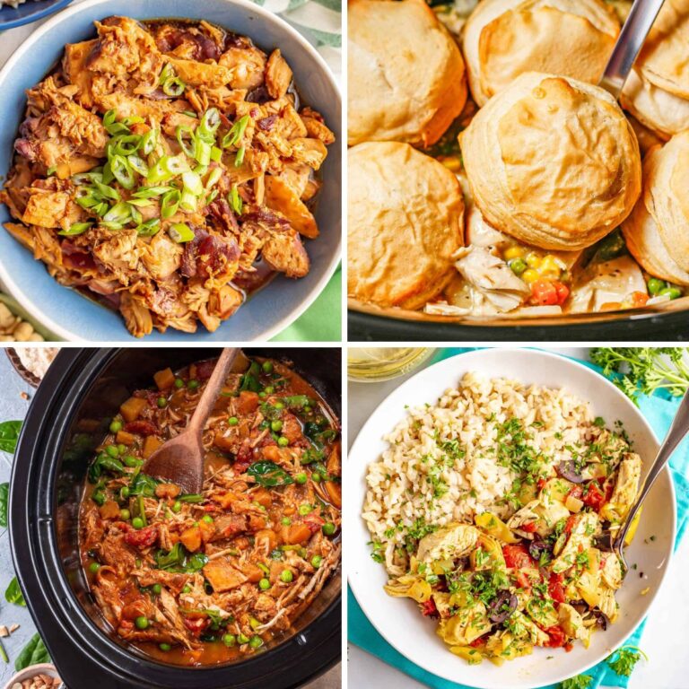 A square collage of four different slow cooker recipes that require minimal prep and great set it and forget it dinners.