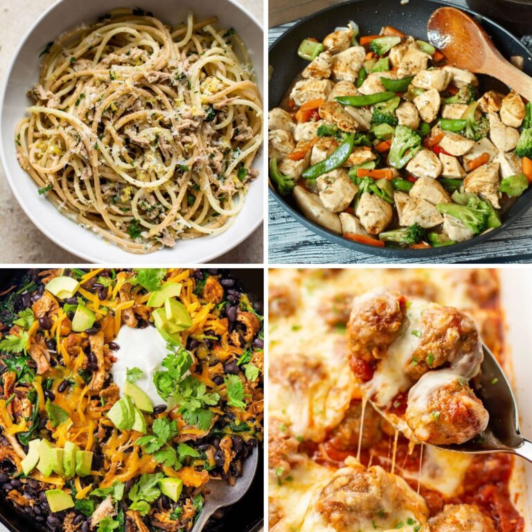 A square collage of 4 different dinner recipes for nights when something quick and easy using on-hand ingredients is needed.