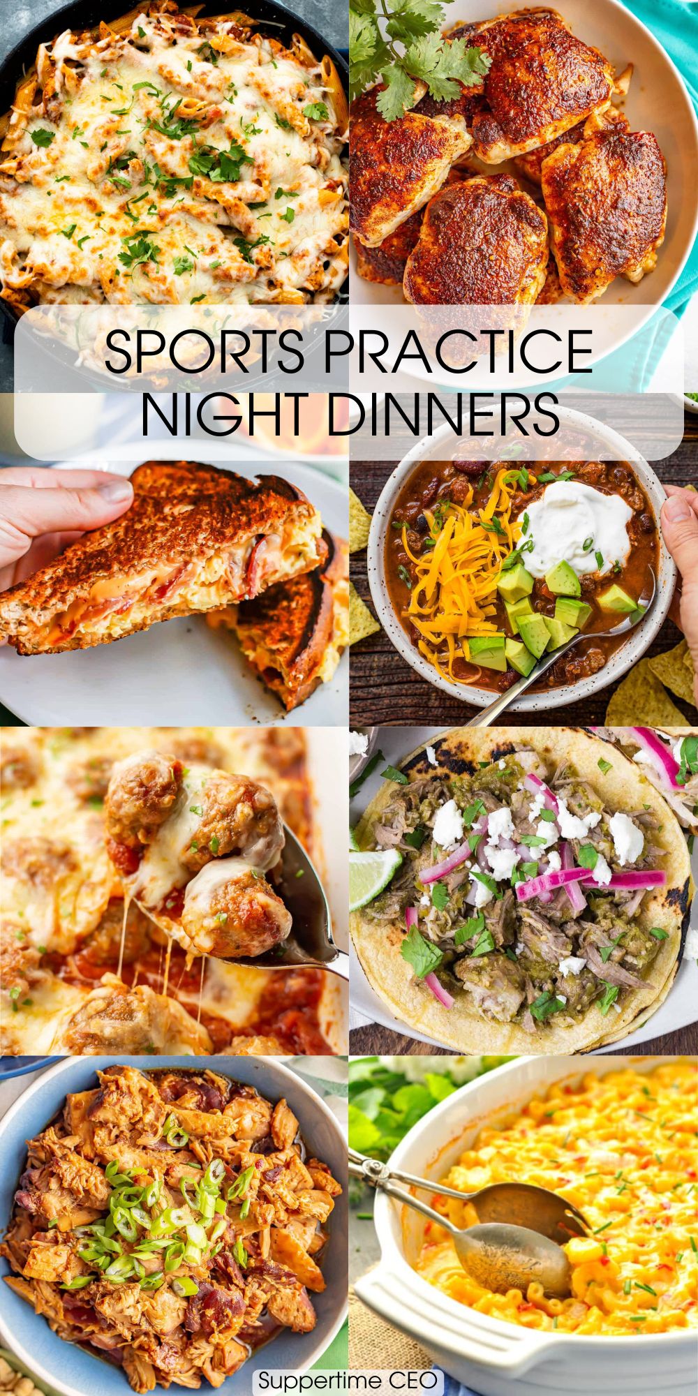 A collage of eight different dinner ideas with a text overlay reading Sports Practice Night Dinners on the collage.
