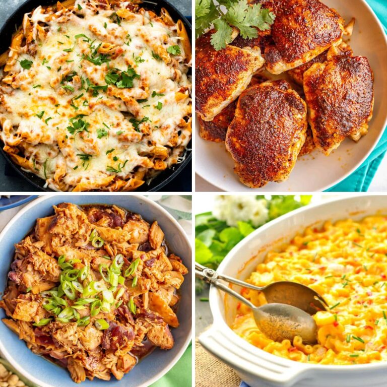 A collage of eight different dinner ideas, including a cheesy pasta dish, baked chicken thighs, slow cooker shredded chicken and a creamy pasta casserole.